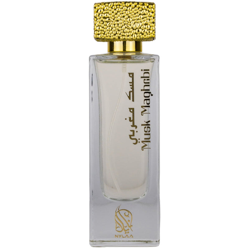 Musk Maghribi Eau de Parfum 75ml från Nylaa - en unisexdoft med sensuella mysknoter och blommiga inslag, perfekt för alla tillfällen.