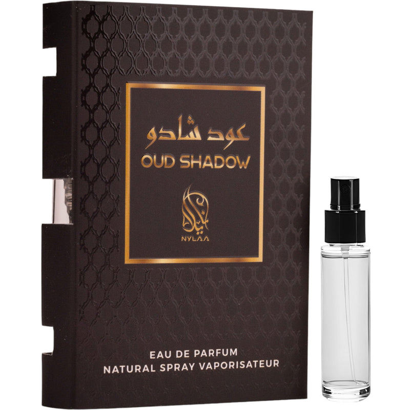 Oud Shadow Eau de Parfum 2ml från Nylaa - en djärv unisexdoft med rökiga och kryddiga noter för en sofistikerad aura.