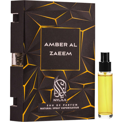 Amber Al Zaeem Eau de Parfum 2ml från Nylaa: en unisexdoft med orientaliska och träiga noter för elegans och mystik.