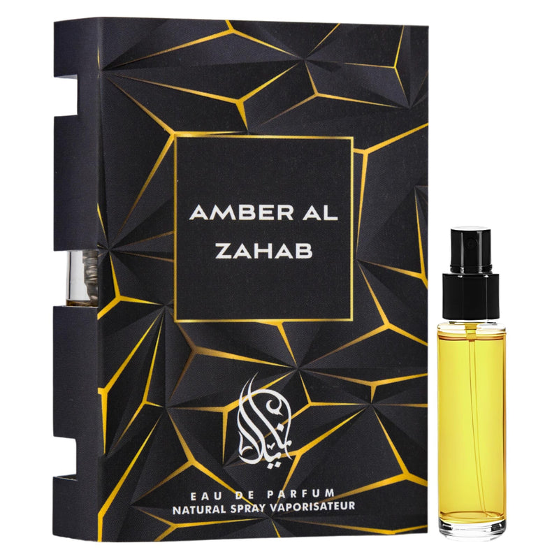 Amber Al Zahab Eau de Parfum 2ml från Nylaa – en lyxig unisex-doft med orientalisk värme och eleganta kryddiga noter.