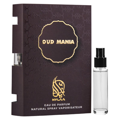 Oud Mania Eau de Parfum 2ml från Nylaa - en djärv, träig doft för eleganta män, perfekt för alla tillfällen.