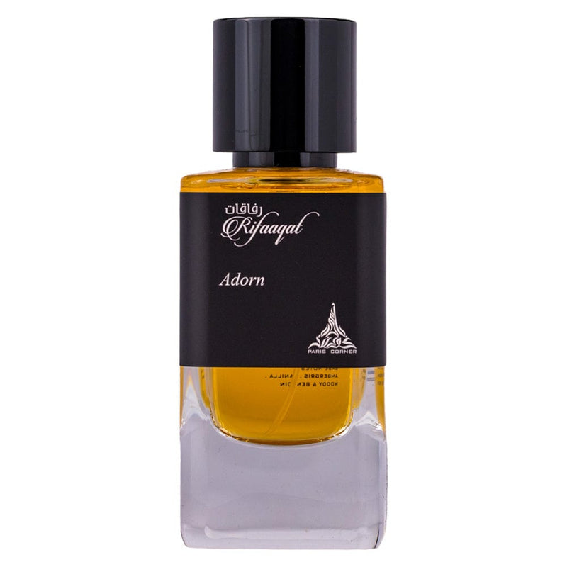 Rifaaqat Adorn Eau de Parfum 85ml från Paris Corner: en elegant, maskulin doft med kryddiga och träiga inslag för alla tillfällen.