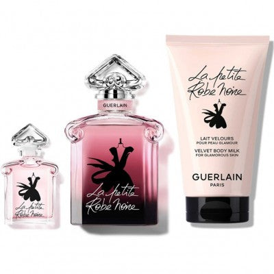 La Petite Robe Noir Intense Eau de Parfum set med 50ml, 5ml och 75ml body lotion. Luxuös doft med fruktiga och blommiga noter, idealisk för varje tillfälle.